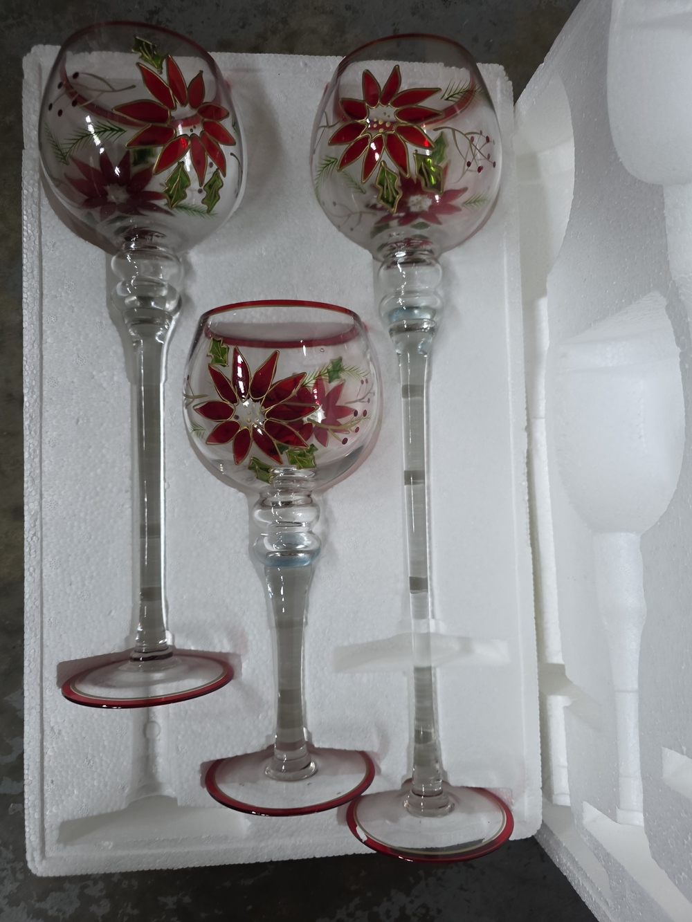 Christmas Poinsettia Glass Hurricane Candle Holders Set of 3 Holiday Decor Red G